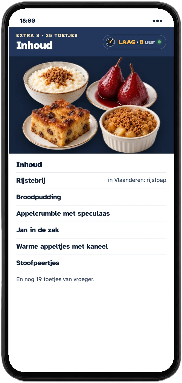 Inhoud: rijstebrij, broodpudding, appelcrumble, Jan in de zak, warme appeltjes, stoofpeertjes