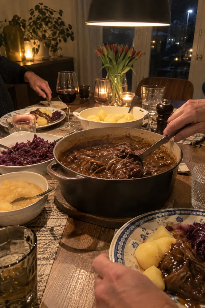 Om 18.00 uur aan tafel: een pan hachee, aardappelen, rode kool en appelmoes